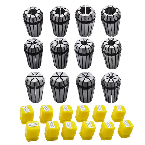 12-piece ER16 spring collet set with yellow storage boxes, for CNC milling lathe workholding and engraving, 1/32 to 3/8 inch range.