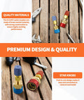 R134A to R1234YF Quick Coupler Adapter Kit showing brass adapters on wooden surface with tools nearby