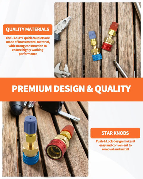 R134A to R1234YF Quick Coupler Adapter Kit showing brass adapters on wooden surface with tools nearby