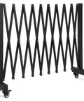 Tough 11.5 Foot Expandable Barricade Gate And Retractable Metal Crowd Control Fence With Smooth Rollin Wheels, black, open view.