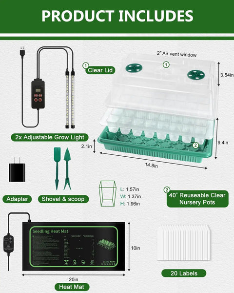 No Fuss 40 Cell Seed Starter Kit With Grow Light And Graphene Heating Mat For Faster Germination, Reusable Seed Tray System With 4.7 Inch Humidity Domes, Indoor Garden Germination Station