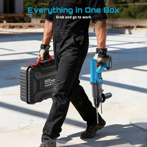 Person carrying Cordless SDS-Plus Rotary Hammer Drill With 2x5.0Ah Batteries, 3.2J Impact Energy in outdoor worksite