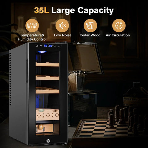35L Temperature And Humidity Controlled Cooler Cabinet With Spanish Cedar Shelves And Safety Lock, 300 Count Capacity