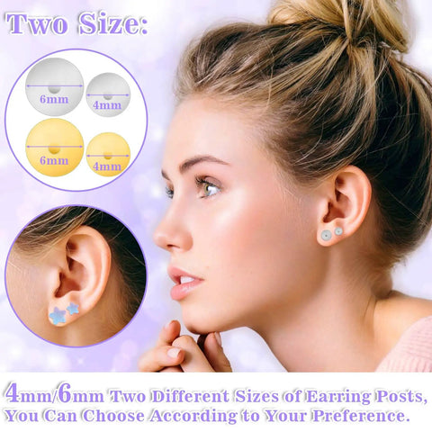 600 Piece Stainless Steel Earring Post And Back Set For Do It Yourself Jewelry Making Dope Hypoallergenic Silver And Gold Posts With Rubber Backs Includes 4mm And 6mm Posts And 200 Backs, shown worn by a model and in detail.