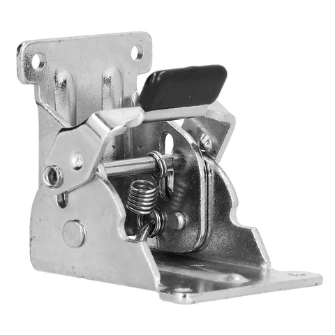 Close-up of an aluminum alloy self locking folding hinge from the Two Pack Folding Brackets For Table And Bed Legs 90 Degree