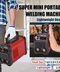 Man holding 200 Amp Portable Stick Welder 110V IGBT Inverter with Hot Start Arc Force Anti-Stick, compact and lightweight design
