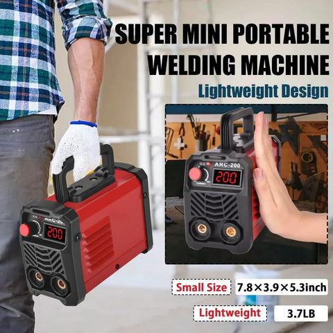 Man holding 200 Amp Portable Stick Welder 110V IGBT Inverter with Hot Start Arc Force Anti-Stick, compact and lightweight design