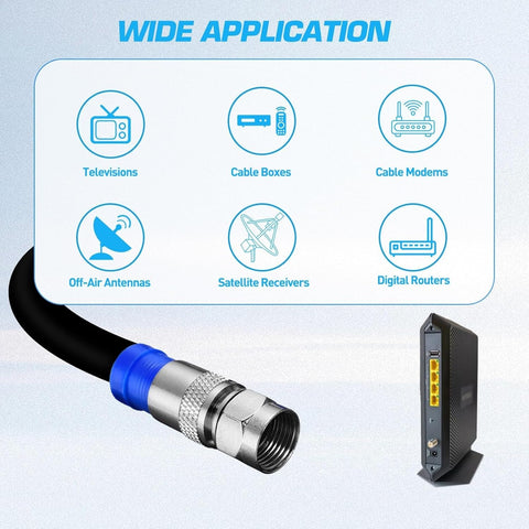 Coax Cable Crimping Kit With Wire Stripper And 20 F Connectors For RG6 RG59 RG11 Coax A Pro Grade Easy Grip Compression Tool For TV Internet Satellite Installations And Home Networking showing compatibility with TVs, modems, routers.