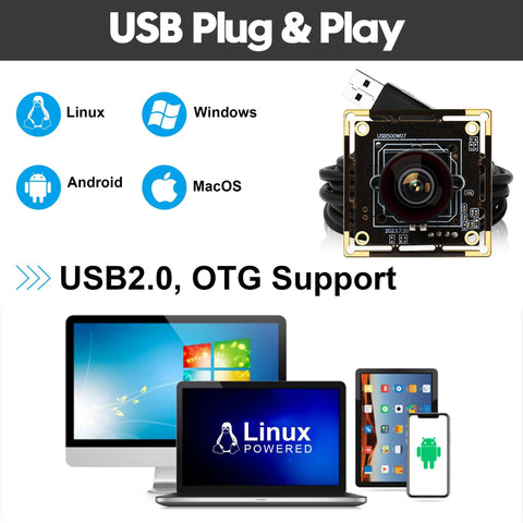 5MP USB Camera Module With 1944P 30Fps, Wide Angle M12 Fisheye Lens, IMX335 Sensor displayed with Windows, Mac, Linux, Android devices