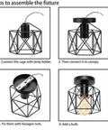 Assembly steps for Retro Black Industrial Cage Ceiling Light 2 Pack, Compact Semi Flush Mount Pendant Fixture with E27 Base.