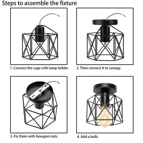 Assembly steps for Retro Black Industrial Cage Ceiling Light 2 Pack, Compact Semi Flush Mount Pendant Fixture with E27 Base.