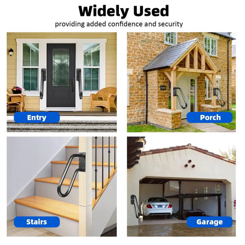 Rock Solid Wall Mounted Stair Handrail And Heavy Duty Grab Bar For Indoor Outdoor Porch Garage displayed at entry, porch, stairs, and garage.