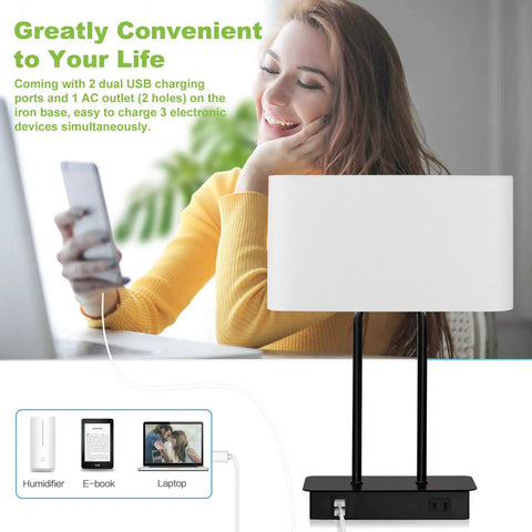 Bedside Touch Control Table Lamp With Dual USB Ports And AC Outlet, 3 Way Dimmable Modern Nightstand Light With White Fabric Shade