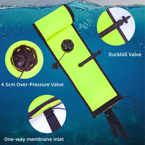 DSMB Kit For Scuba Diving With Five Foot Tube And Ninety Eight Foot Reel Marker Buoy, highlighting valves and features.