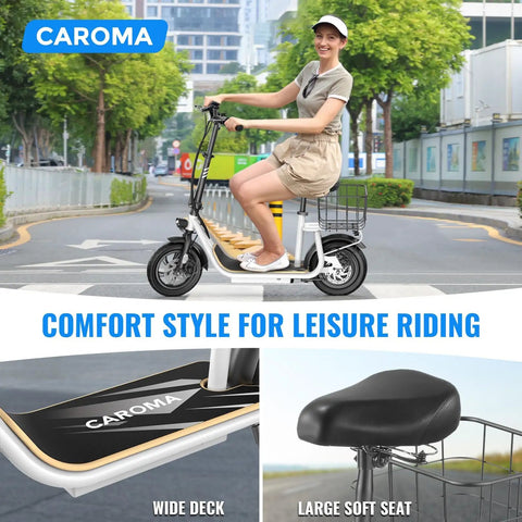 Peak 800W Electric Scooter With Seat For Adults on city street, featuring wide deck and large soft seat, 12-inch tires, foldable design.
