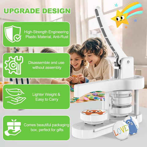 Button maker machine 58mm, white plastic hand-crank, front view with sample round buttons