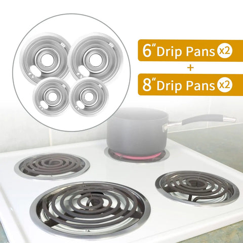 Chrome electric stove with Four Piece Chrome Electric Stove Drip Pans Set for GE Stoves, Includes 2 Six Inch and 2 Eight Inch Replacement Burner Drip Pans.