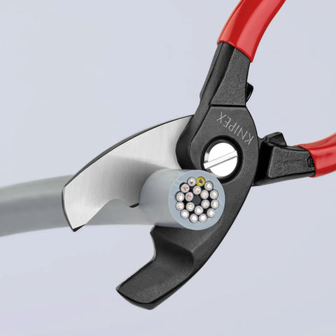 Close-up of Cable Shears With Twin Cutting Edge, 8 Inch, Precision Grade Tool cutting through cable, showing comfortable grip and durable build.