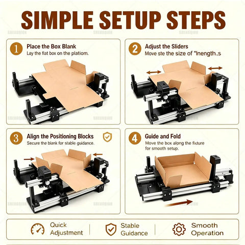 Setup steps for the Manual Adjustable Carton Folder and One Press Creasing Jig for Stress Free Box Packing.