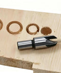 Heavy Duty Wood Plug Cutter Drill Bit Set Four Piece Carbon Steel Titanium Coated Straight Cutters for Woodworking showing cutter on drilled wood.