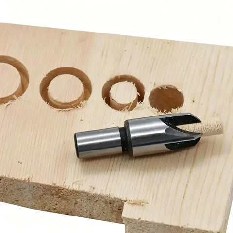 Heavy Duty Wood Plug Cutter Drill Bit Set Four Piece Carbon Steel Titanium Coated Straight Cutters for Woodworking showing cutter on drilled wood.