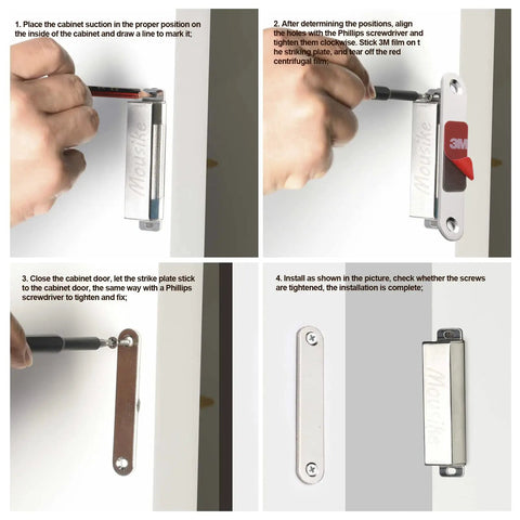 Installation steps for Heavy Duty Magnetic Door Catch 70 Pound Stainless Steel Cabinet Magnets in use on a cabinet door.
