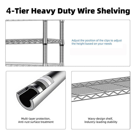 4-Tier Heavy Duty Steel Wire Shelving Unit with Adjustable Height for optimal organization and stability.