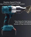 Heavy Duty Cordless Metal Shears With 360 Degree Rotating Head And Brushless Motor showing speed control features.