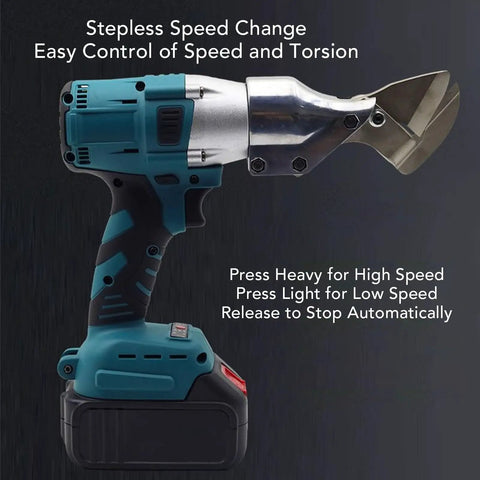 Heavy Duty Cordless Metal Shears With 360 Degree Rotating Head And Brushless Motor showing speed control features.