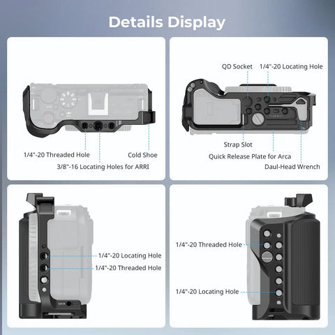 Camera Cage For Canon R50 V With Built In Ergonomic Silicone Grip Arca Quick Release Plate And Multiple Mounts detail display