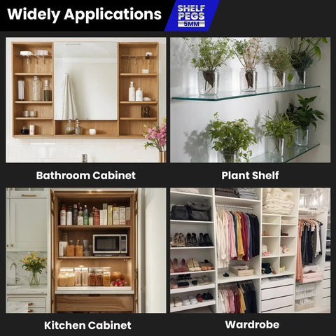 Image showing applications of 200 Pack 5mm Spoon Shaped Shelf Pins And Cabinet Shelf Pegs Metal Nickel Finish Heavy Duty Shelf Supports.
