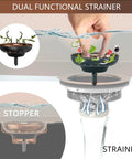 Dual function of Dope Brass Kitchen Sink Drain Strainer Kit Three And A Half Inch Universal Fit With Removable Basket And Stopper.