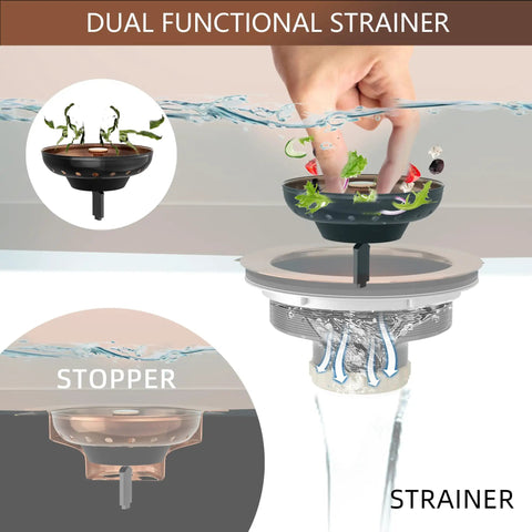 Dual function of Dope Brass Kitchen Sink Drain Strainer Kit Three And A Half Inch Universal Fit With Removable Basket And Stopper.