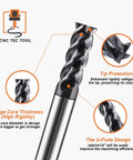 Close-up of five eighths inch four flute square end mill with forty five degree helix carbide end mill, Pro Grade AlTiCrN coated.