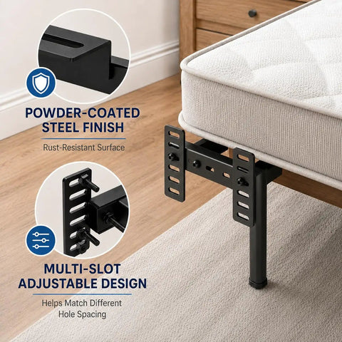 Heavy Duty Adjustable Headboard Brackets For Metal Bed Frame With Dual Bilateral Plates Clamps Headboards To Adjustable Bases And Bolt On Footboards Fits Like A Glove With No Sweat Setup Guaranteed, showing powder-coated steel finish and multi-slot design.