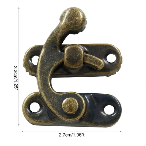 Close-up of 60 Pcs Mini Swing Arm Clasp Latches Kit, small box hinges for jewelry boxes, antique brass plated, spring locking mechanism.