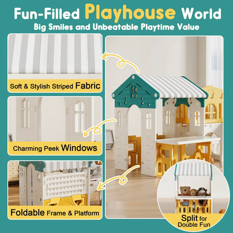 Outdoor Toddler Playset With Rock Climber And Slide, Basketball Hoop, Storage, Castle Playhouse, And 10 In 1 Upgrade with striped roof, windows, and foldable design.