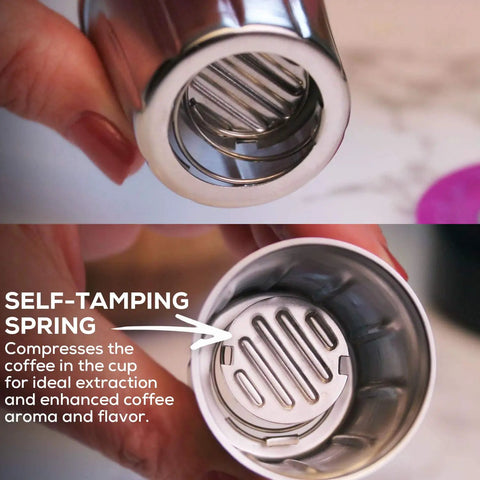 Close-up of self-tamping spring inside Stainless Steel Reusable K Cup For Keurig 1 Stream Coffee Pod highlighting metal detail.