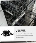 200 Pack Black Plastic Dishwasher Rack Prong Tip Covers Heavy Duty Replacement Caps in a dishwasher showing tip covers.