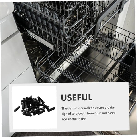 200 Pack Black Plastic Dishwasher Rack Prong Tip Covers Heavy Duty Replacement Caps in a dishwasher showing tip covers.
