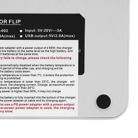 Back of 60W Dual Battery Drone Charger 2 In 1 Charging Hub with input details and instructions visible