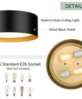 Two Light Frosted Glass Flush Mount Ceiling Light In Black With Gold Inner Accent detail with E26 socket, bulbs not included