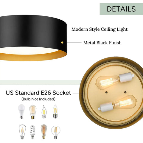 Two Light Frosted Glass Flush Mount Ceiling Light In Black With Gold Inner Accent detail with E26 socket, bulbs not included