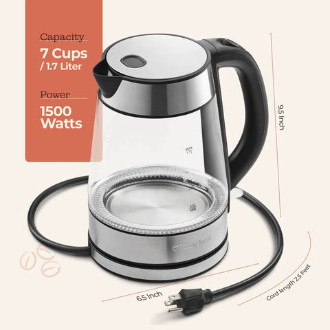 Fast Boil Electric Kettle For Coffee And Tea 1.7L Water Boiler 1500W Borosilicate Glass Easy Clean Wide Opening Auto Shut Off Cool Touch Handle