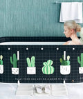 Woman relaxing in Foldable Portable Bathtub for Home Spa Use Easy Setup in Minutes No Pump Needed Large Capacity Soaking Tub for Shower Stall Keeps Water Temperature Great for Hot or Ice Baths 47.2 by 19.7 by 21.7 Inches Cactus design