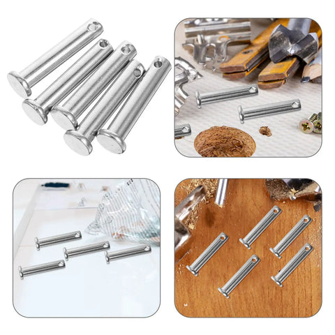 5 pcs Heavy Duty Stainless Steel M8x40 Flat Head Pins for scaffolding fixing arranged on a table with tools.