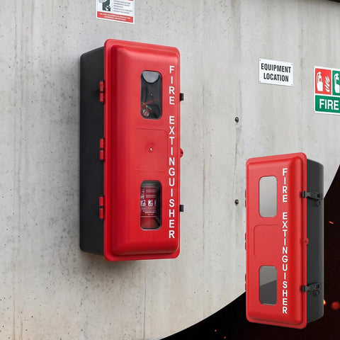 Heavy Duty Red Fire Extinguisher Cabinet With Hella Secure External Latch And Locking Strap For Indoor Outdoor Wall Mount Holds Five To Ten Pound Units Built Tough For Absolute Peace Of Mind Protection Every Day