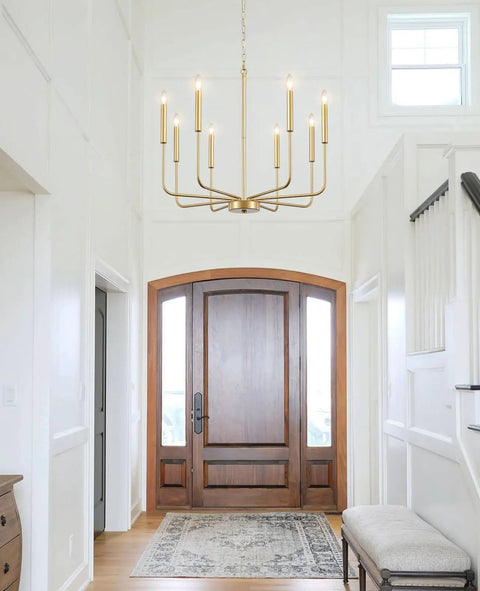 Entryway with Gold Chandelier Light Fixture with Eight Lights in Modern Farmhouse Style, 26.2 Inch Diameter, Adjustable Height