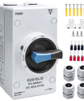 Heavy Duty Solar Disconnect Switch Two Pole DC 1500 Volt 32 Amp Breaker With Rugged Enclosure For Roof Arrays And RV Outfits All Season IP66 Shielding showing isolator with knob and accessories.