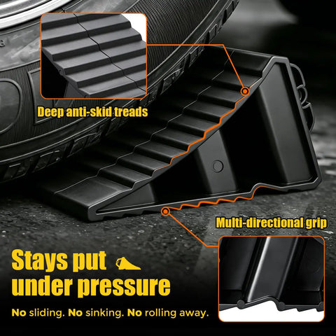 Close-up of Rugged Heavy Duty Hard Plastic Wheel Chocks With Handles 2 Pack Non Slip Tire Chocks for Trucks RVs Campers in use